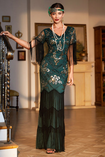 Zapaka Women Black 1920s Flapper Dress V Neck Long Sleeves Vintage Dress With Fringes